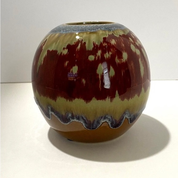 Rust, Tan and Blue Crystalline Drip Glaze Ceramic Round Ball Votive Candleholder - Picture 1 of 7